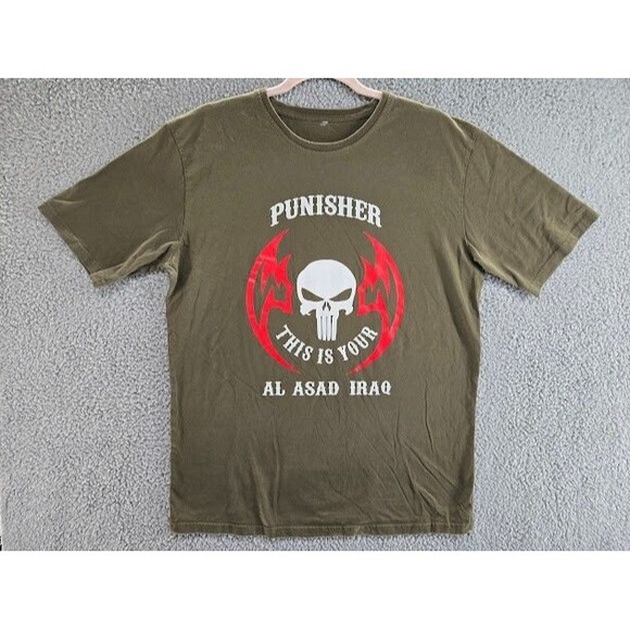 Vintage Military Shirt Mens Large Al Asad Iraq Air Base Punisher Green Air Force - Picture 1 of 5